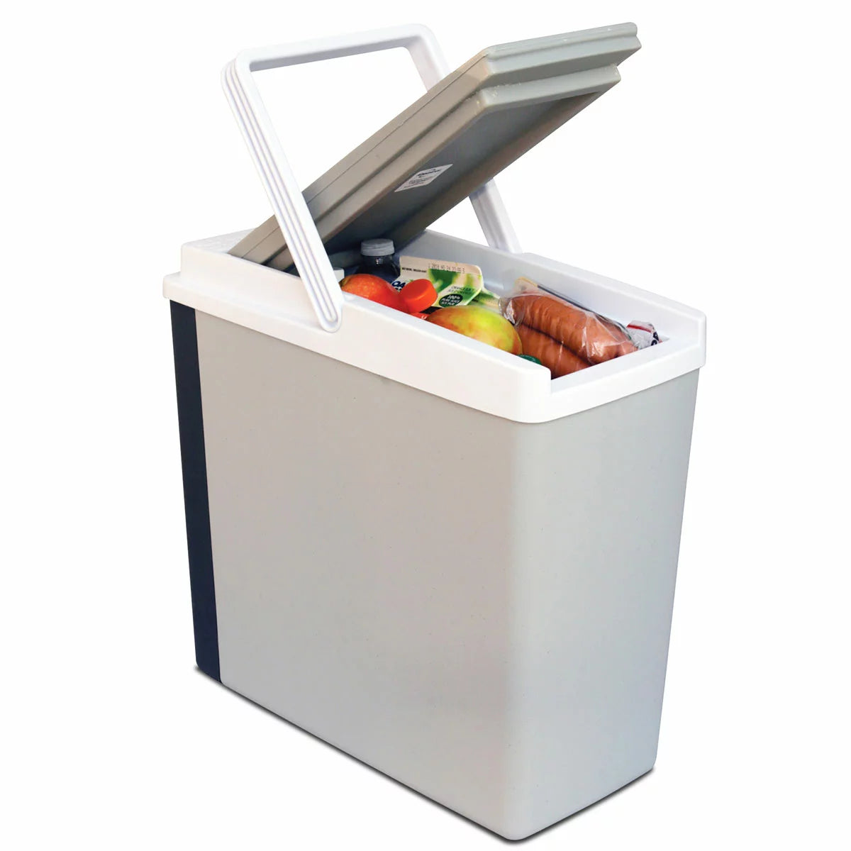 Grey and white slim Koolatron 17L electric cooler standing upright between two car seats with its lid open to reveal chilled beverage cans inside.