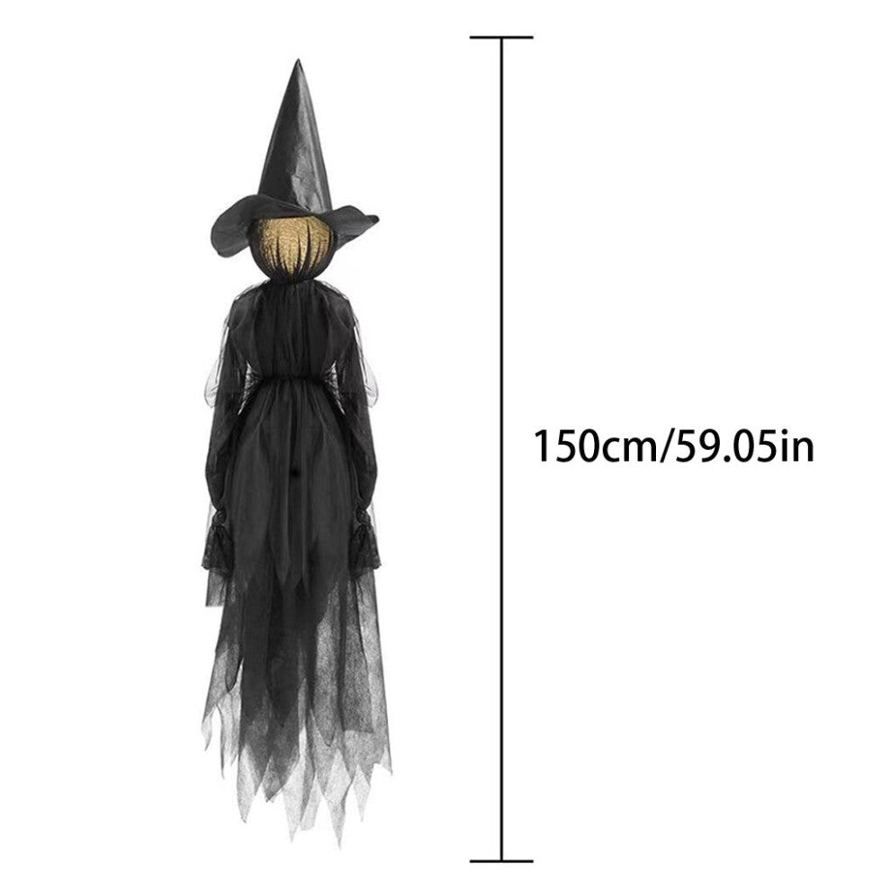 A 3-piece set of 150cm tall light-up Halloween witches glowing with eerie interactive voice-controlled lights in a haunted party venue.