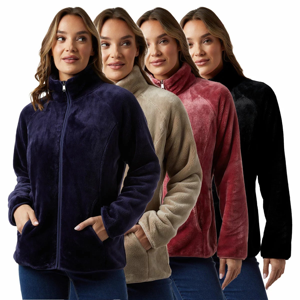 Front view of a woman wearing the plush 32 Degrees cream heavyweight fleece jacket with stand collar and zipped front outdoors.