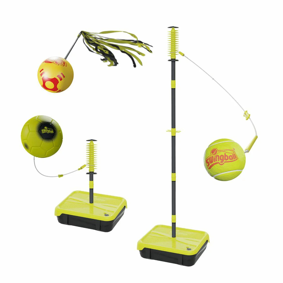 3 in 1 Swingball Pro set with tennis, soccer, and basketball attachments standing on a backyard lawn.