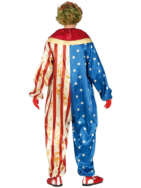 Front view of the vibrant red, white, and blue American Clown adult costume featuring star patterns and a ruffled collar on a plain studio background.