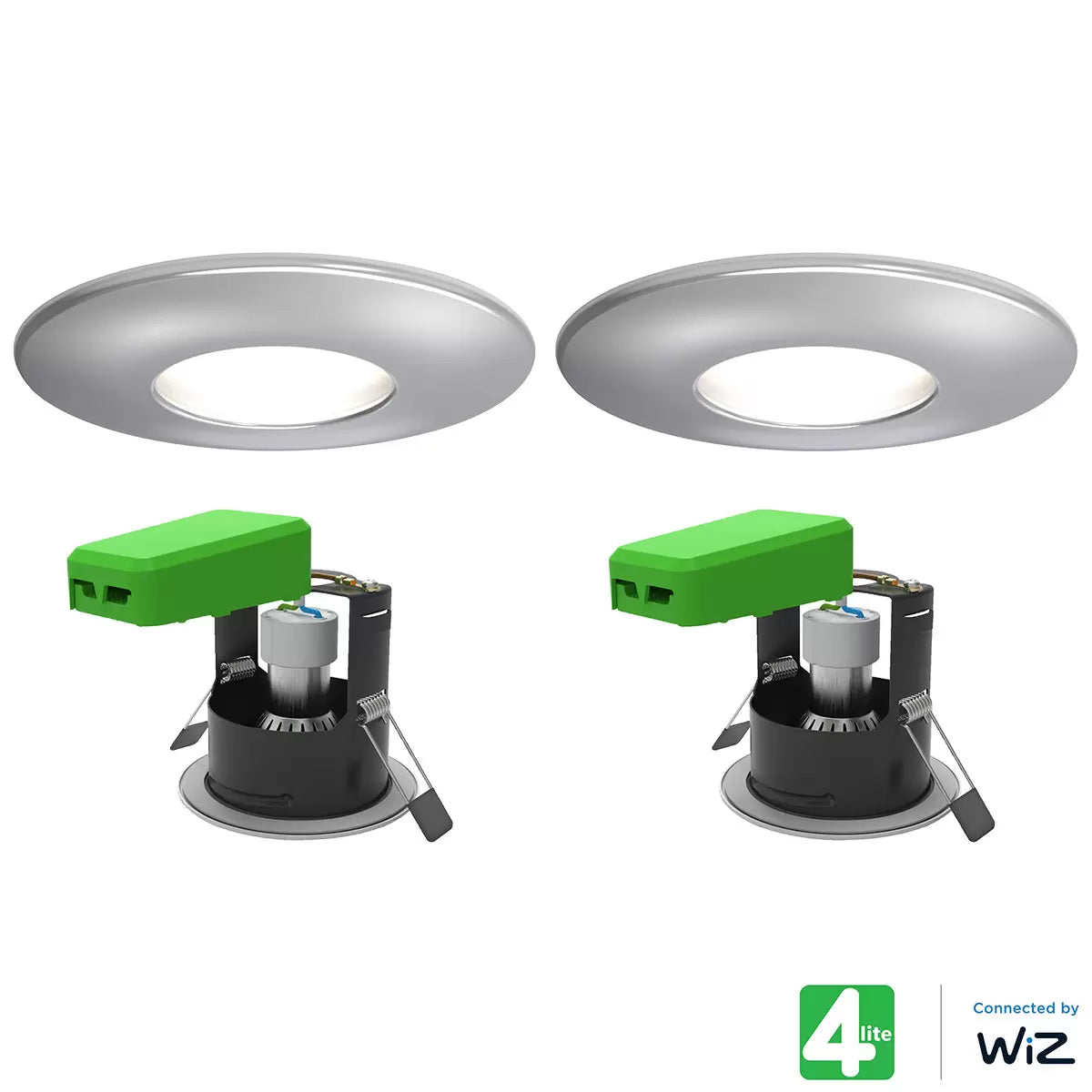 A pair of round 4lite WiZ polished chrome smart downlights recessed into a clean white ceiling, casting a warm white glow downwards