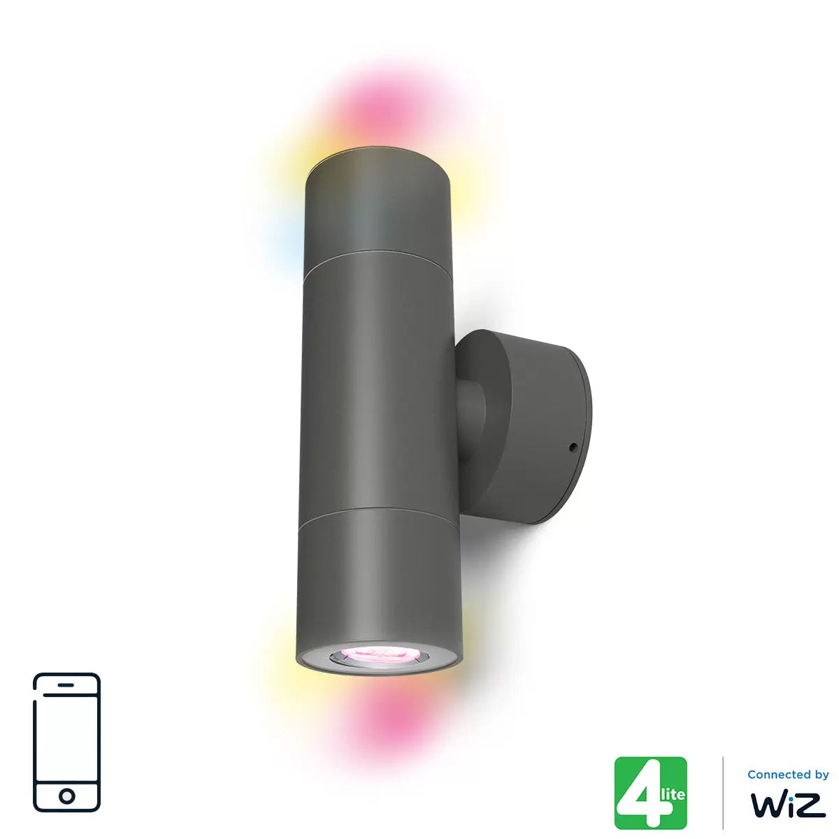 A dark grey 4lite WiZ smart up and down outdoor wall light mounted on a modern brick facade, projecting vibrant blue and warm white light beams.