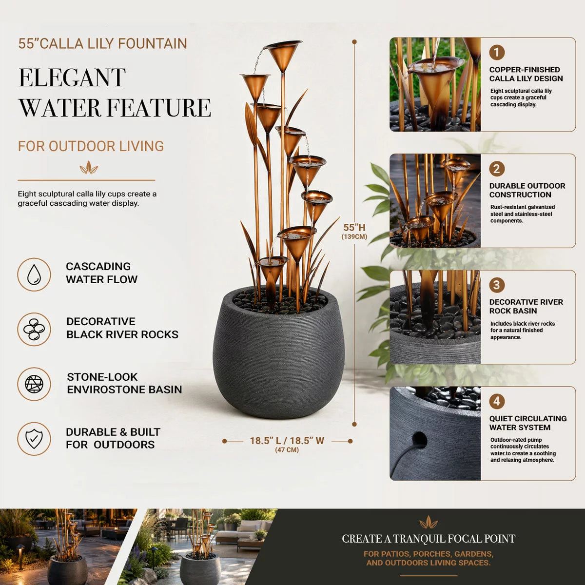 A 139cm copper-finished calla lily fountain cascading water into a black river rock basin, set against a lush green garden background on a sunny day.