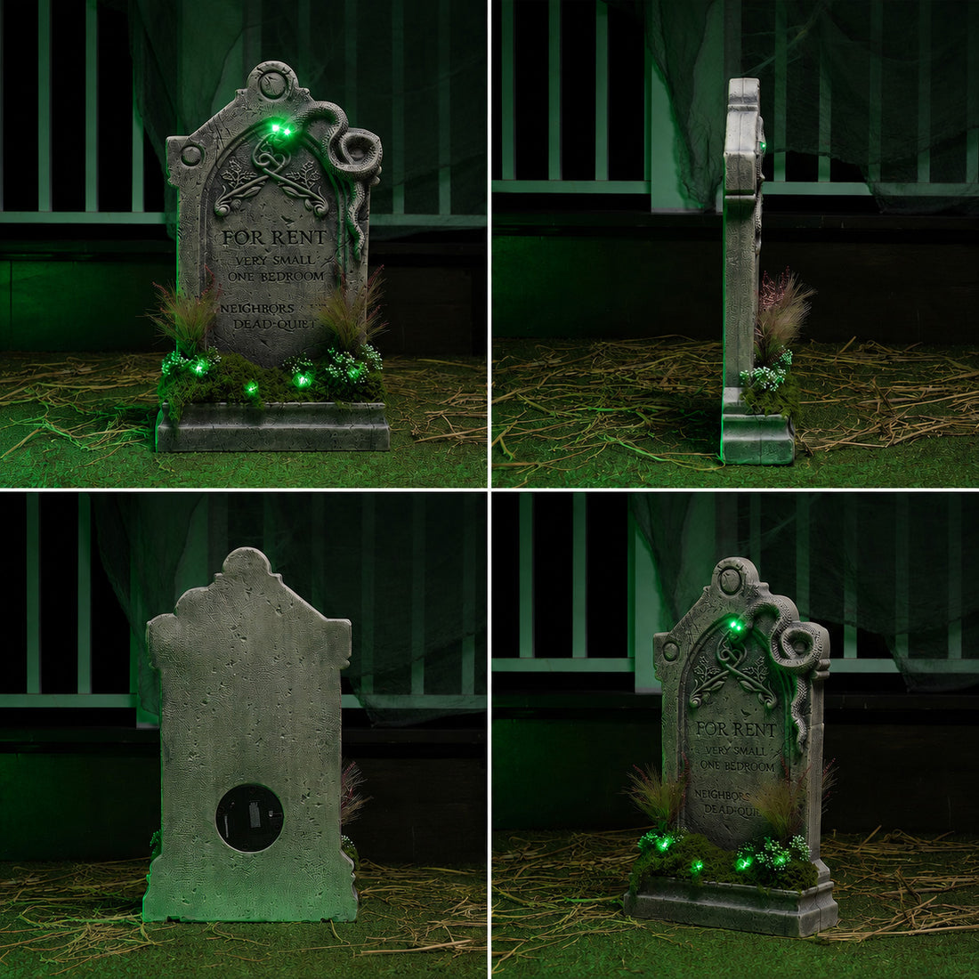 Front view of a 60cm Samuel Alexander grey weathered tombstone prop featuring a green LED glow, sculpted snake, artificial moss base, and 'For Rent' inscription.