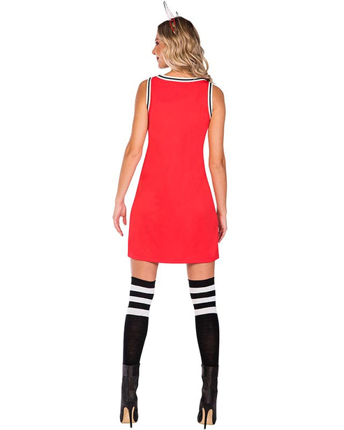 Adult male model wearing a black and red 666 Devil baseball jersey costume with button front against a neutral studio background.