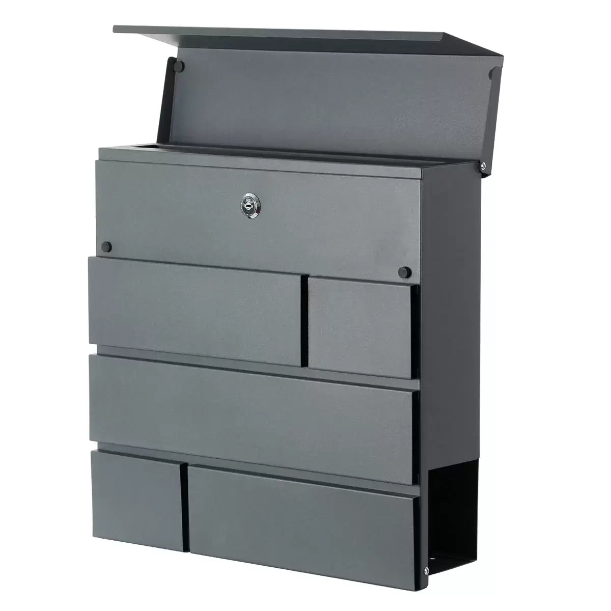 A close-up product photograph of the modern graphite grey Phoenix Estilo letter box mounted securely on an exterior brick wall, showing its matte powder-coated finish and secure key entry.