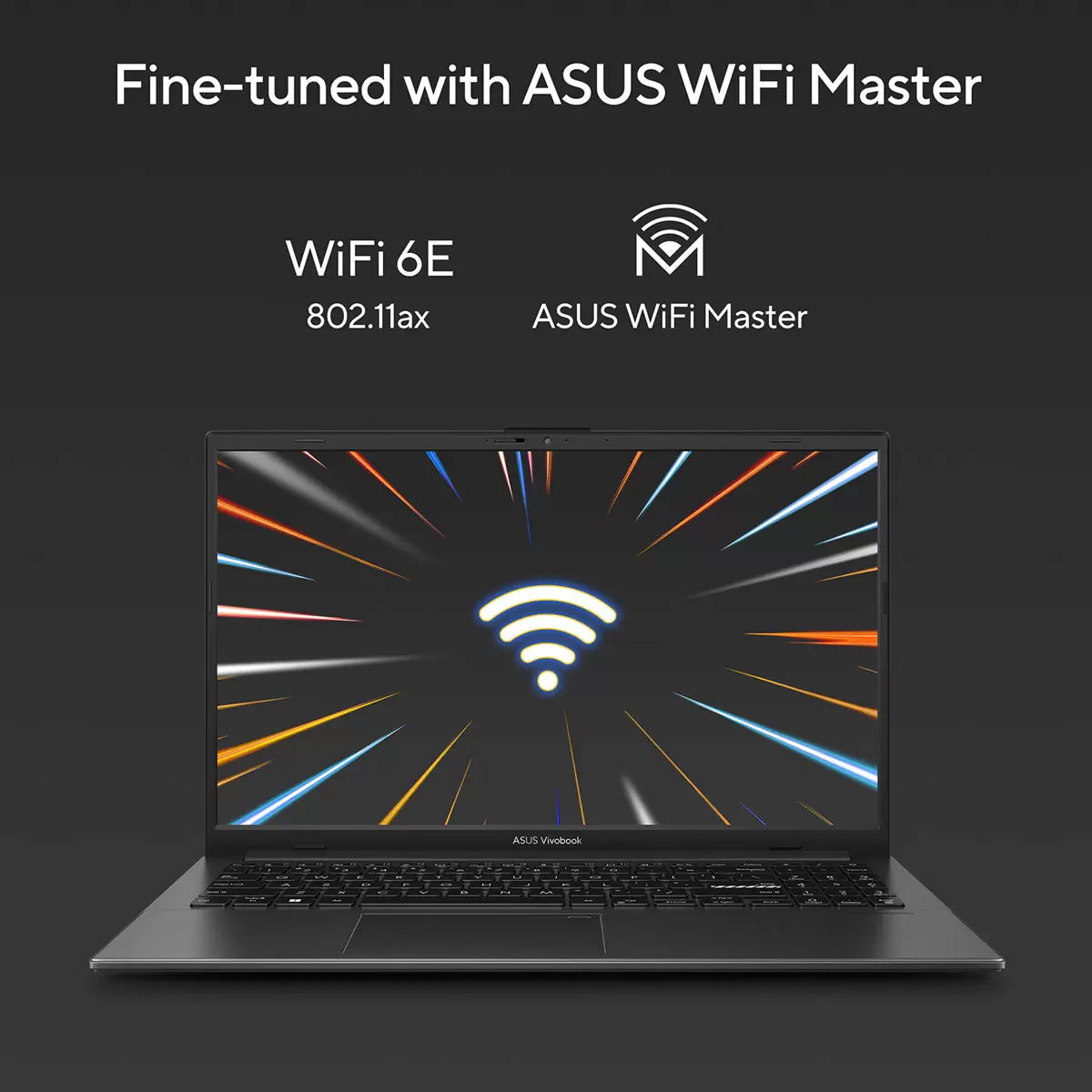 ASUS Vivobook Go 15.6 inch laptop model E1504FA-BQ2566W displaying a vibrant Windows 11 desktop environment highlighting its slim profile and 180-degree lay-flat hinge design. - 3