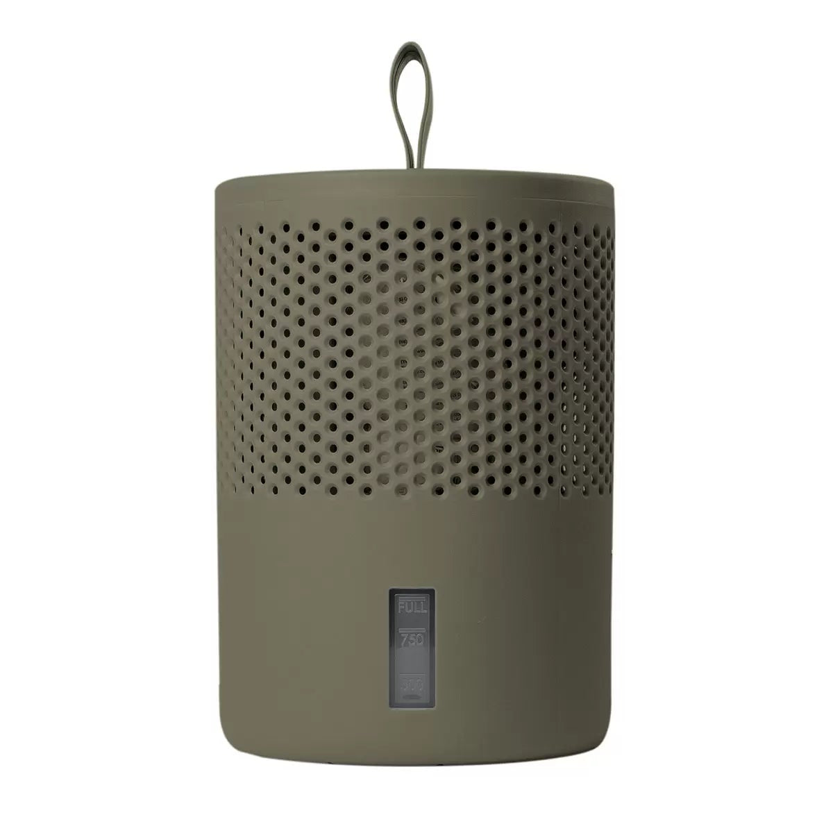 Front view of the minimalist Scandinavian Absodry Moisture Absorber unit next to a 600g refill pack and hanging textile wardrobe bag on a clean shelf.