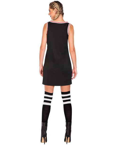 Front view of a red and white adult basketball jersey costume made of breathable mesh polyester displayed on a mannequin against a plain background.