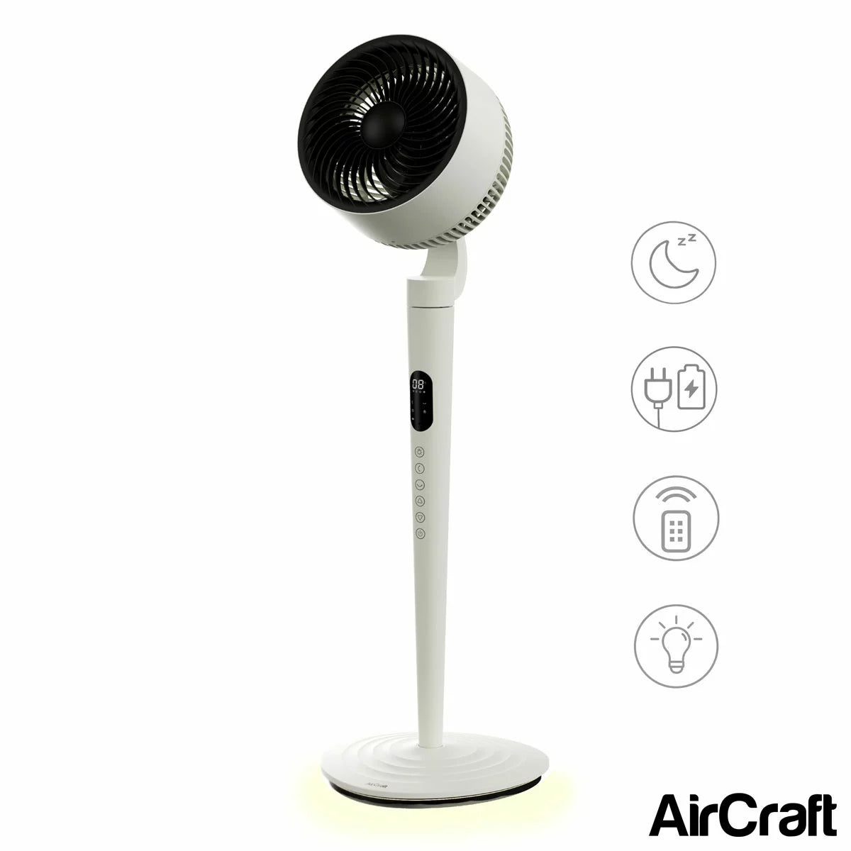 AirCraft AirLUME cordless air circulator fan in stone white with dimmable light ring glowing on a modern desk.