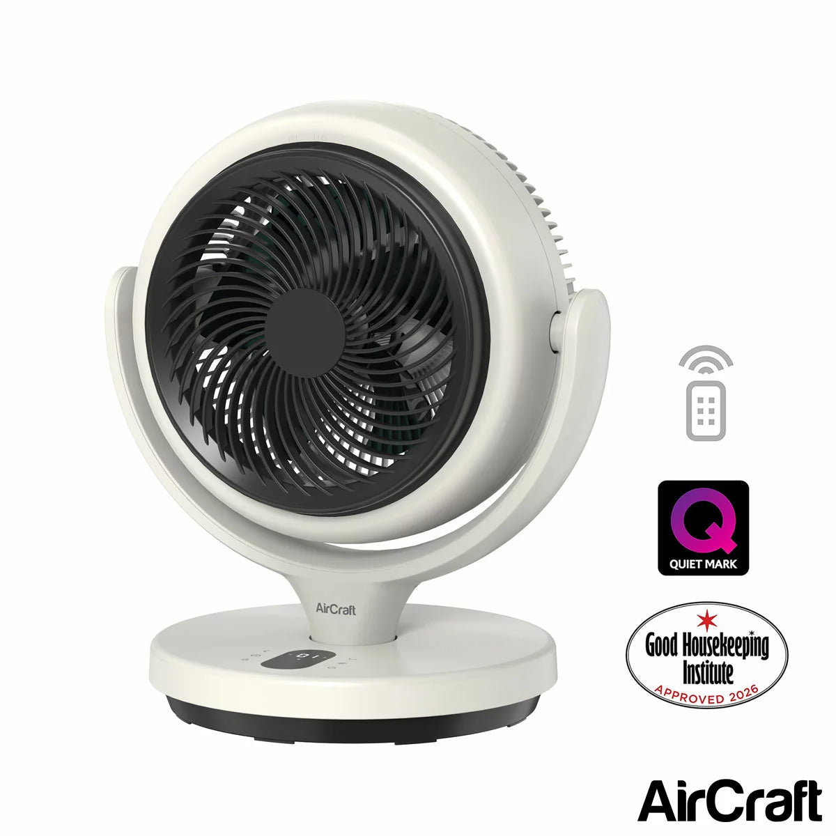 AirCraft LUME MINI ultra-quiet desktop fan with ambient backlight glow, shown on a clean modern office desk.
