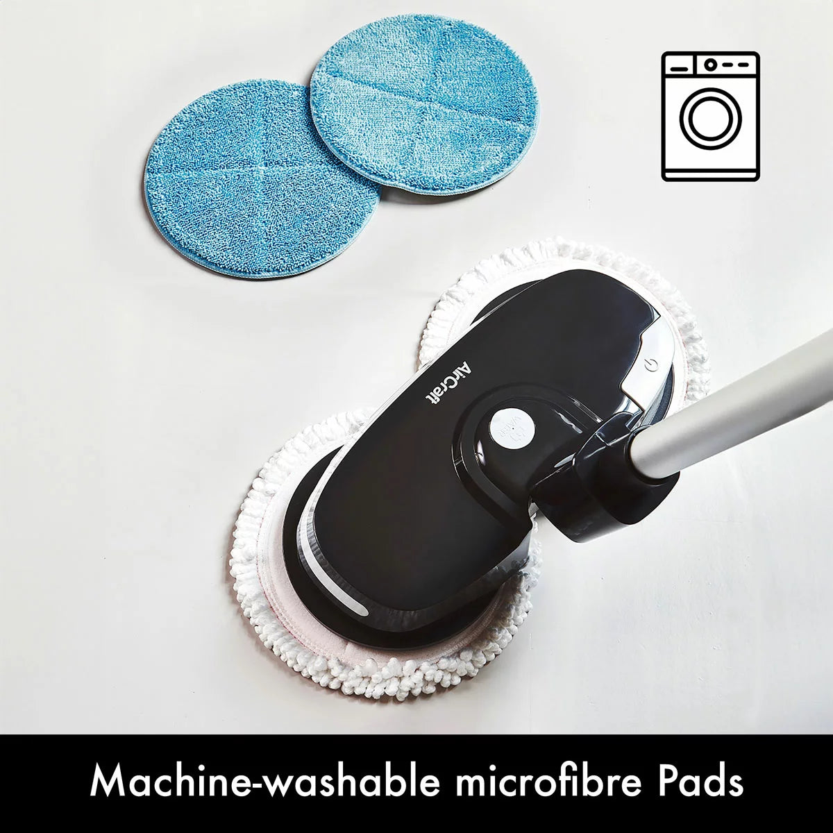 AirCraft PowerGlide cordless hard floor cleaner and polisher in black with extra cleaning pads for sealed floors.