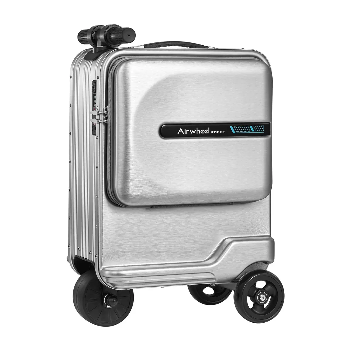 Side view of the silver Airwheel SE3T Mini Electric Ride On Hardside Case showing the integrated riding handlebars, quiet drive wheel, and textured ABS outer shell on a smooth airport terminal floor.