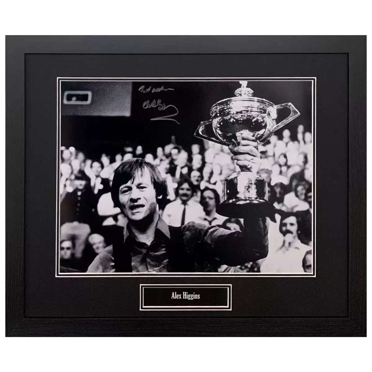 A professionally framed black and white action photograph of snooker legend Alex Higgins, featuring a clear hand-signature and a sleek, dark-wood frame.