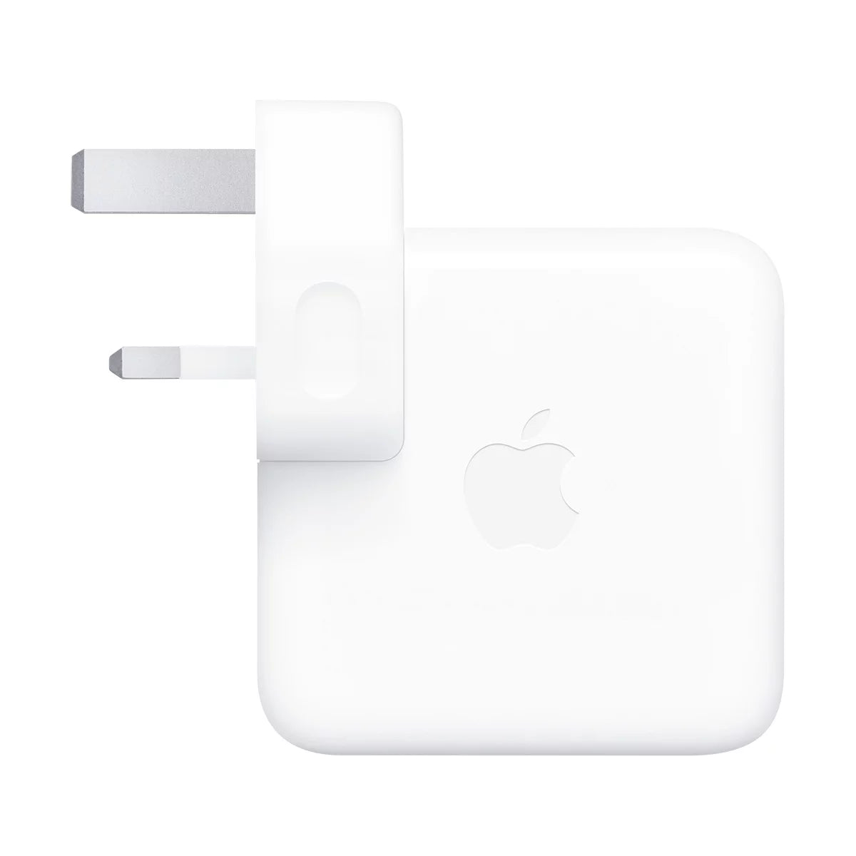 Side view of the official white Apple 70W USB-C Power Adapter plugged into a modern wall outlet, showcasing its sleek rectangular profile and single USB-C port in a clean minimalist workspace environment.