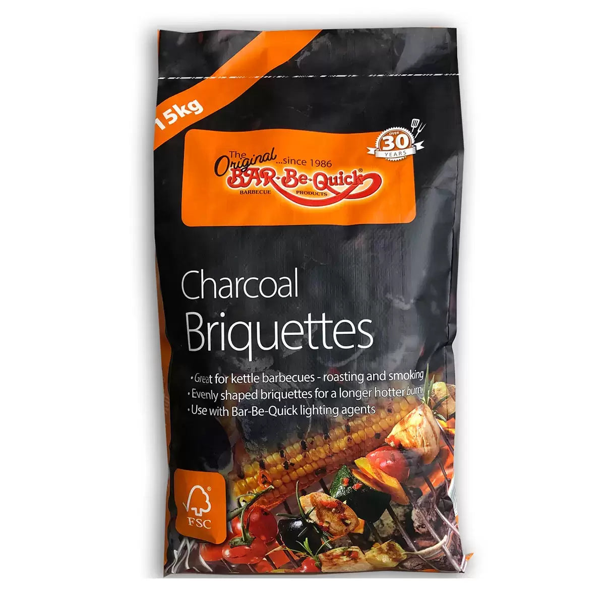 Large 15kg bag of Bar-Be-Quick Charcoal Briquettes with several uniform charcoal pieces shown in front.