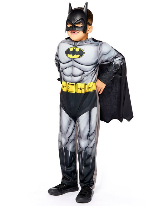 Front view of the kids Batman Muscle Chest Costume featuring molded foam armor torso and attached black cape on a neutral background.