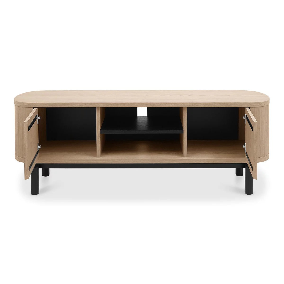 Front angle view of the Bentley Designs Vega Scandi Light Oak TV Entertainment Unit featuring curved doors and a central shelf on a peppercorn base.