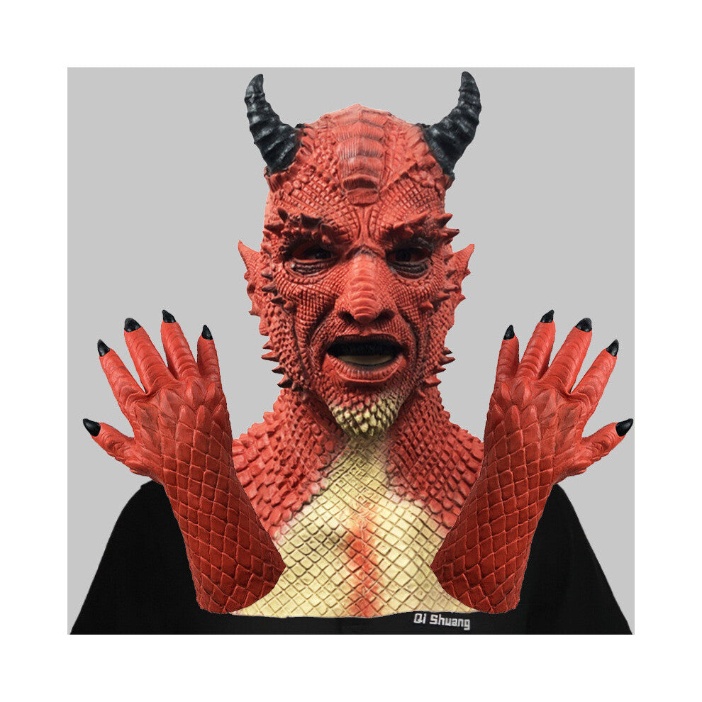 Front view of the dark eerie Beriael scary latex mask and matching textured horror gloves displayed together.