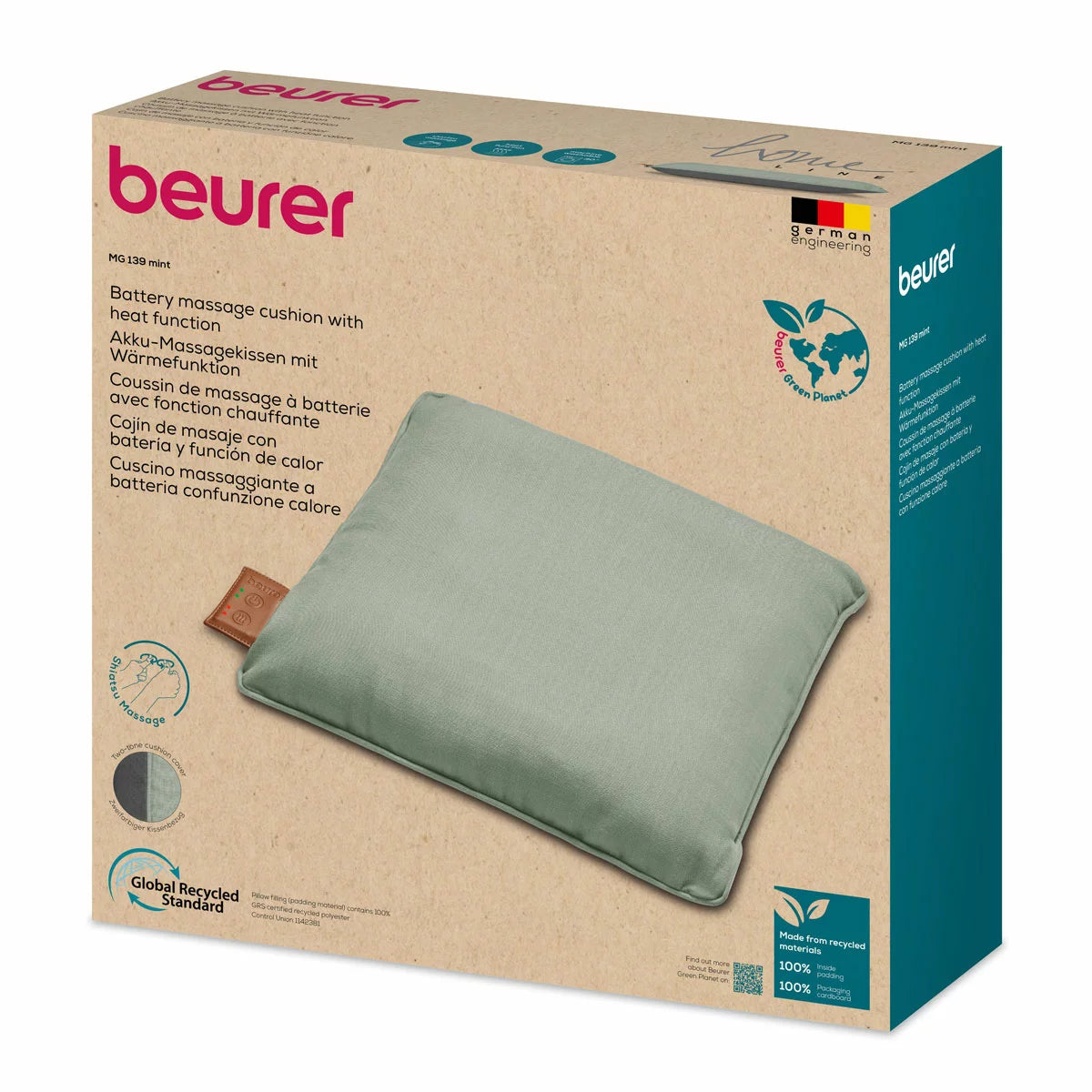 The Beurer cordless heated massage cushion displayed in a neutral home setting, highlighting its portable, ergonomic design and soft fabric finish