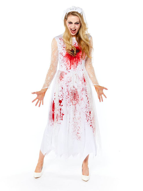 Front view of the Bloody Bride Adult Costume featuring realistic crimson blood splatter printed across a white tattered gothic dress with a distressed sheer veil.