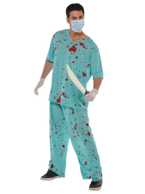 Front view of adult unisex bloody scrubs costume featuring realistic red splatter stains on light blue surgical top and trousers.