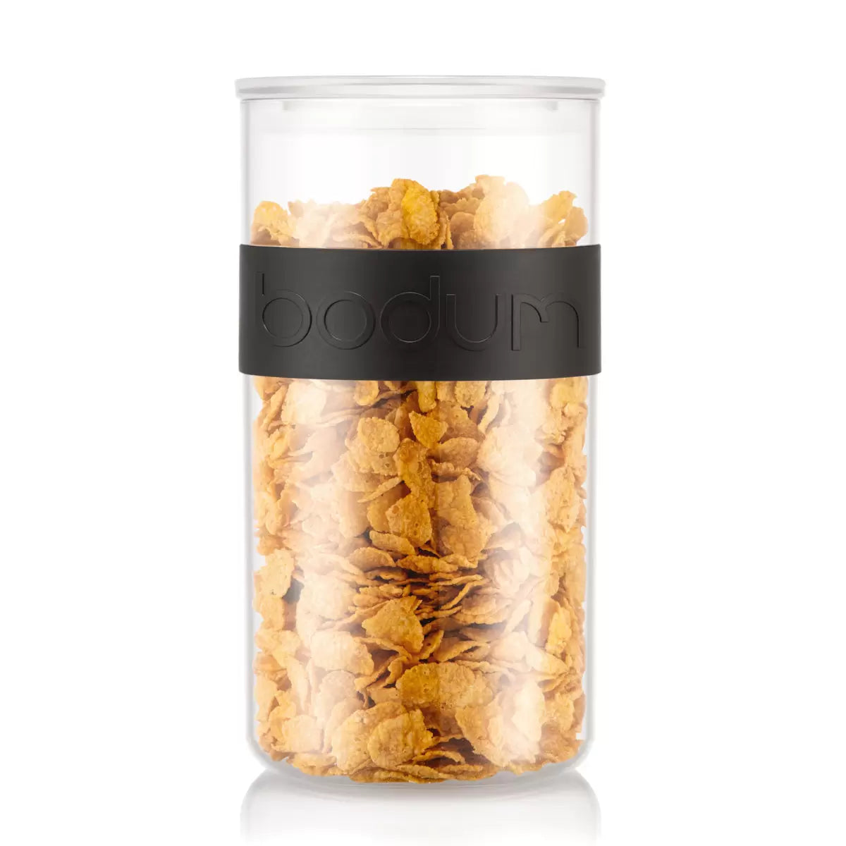 Full set of 12 Bodum PRESSO storage jars displayed on a modern kitchen shelf showing various sizes.