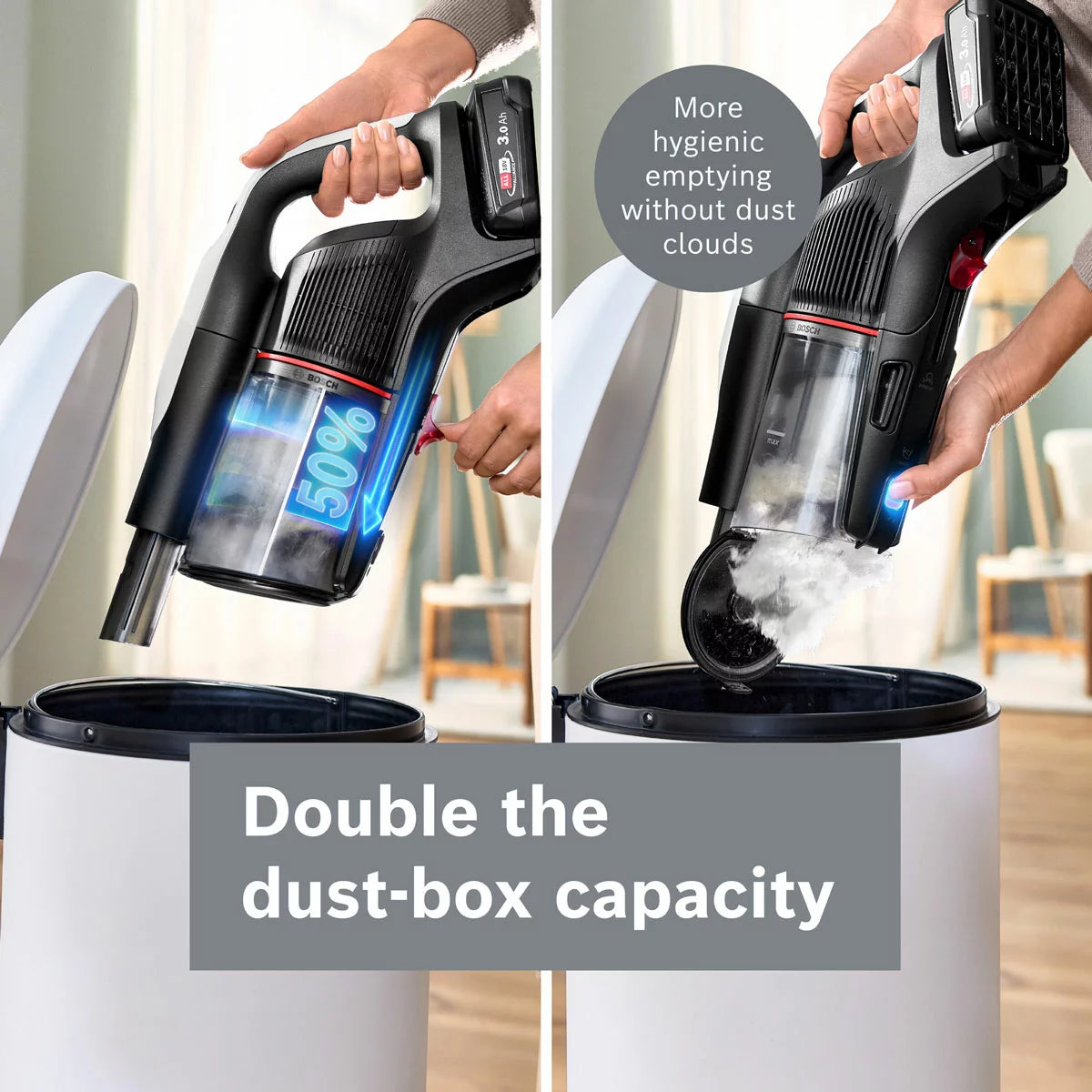 Front view of the sleek white Bosch BBS931WGB Unlimited 9 cordless vacuum cleaner standing upright on grey tile flooring with its blue MicroClean LED indicator glowing.