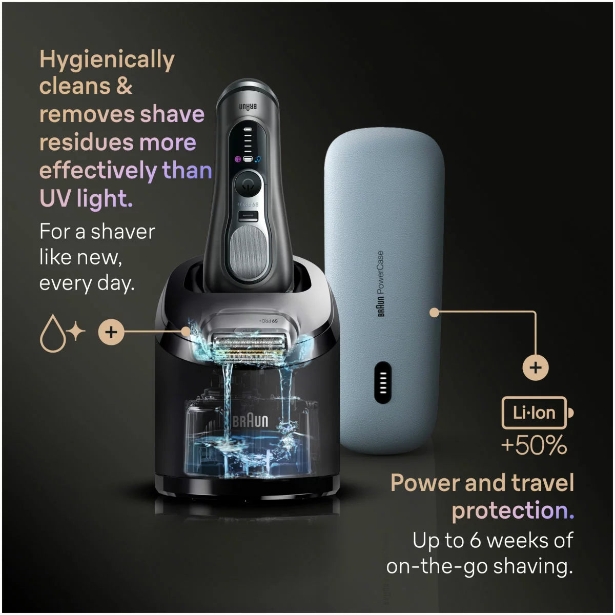 The Braun Series 9 Pro+ shaver in grey resting beside its sleek 6-in-1 SmartCare cleaning station and PowerCase on a modern bathroom surface.