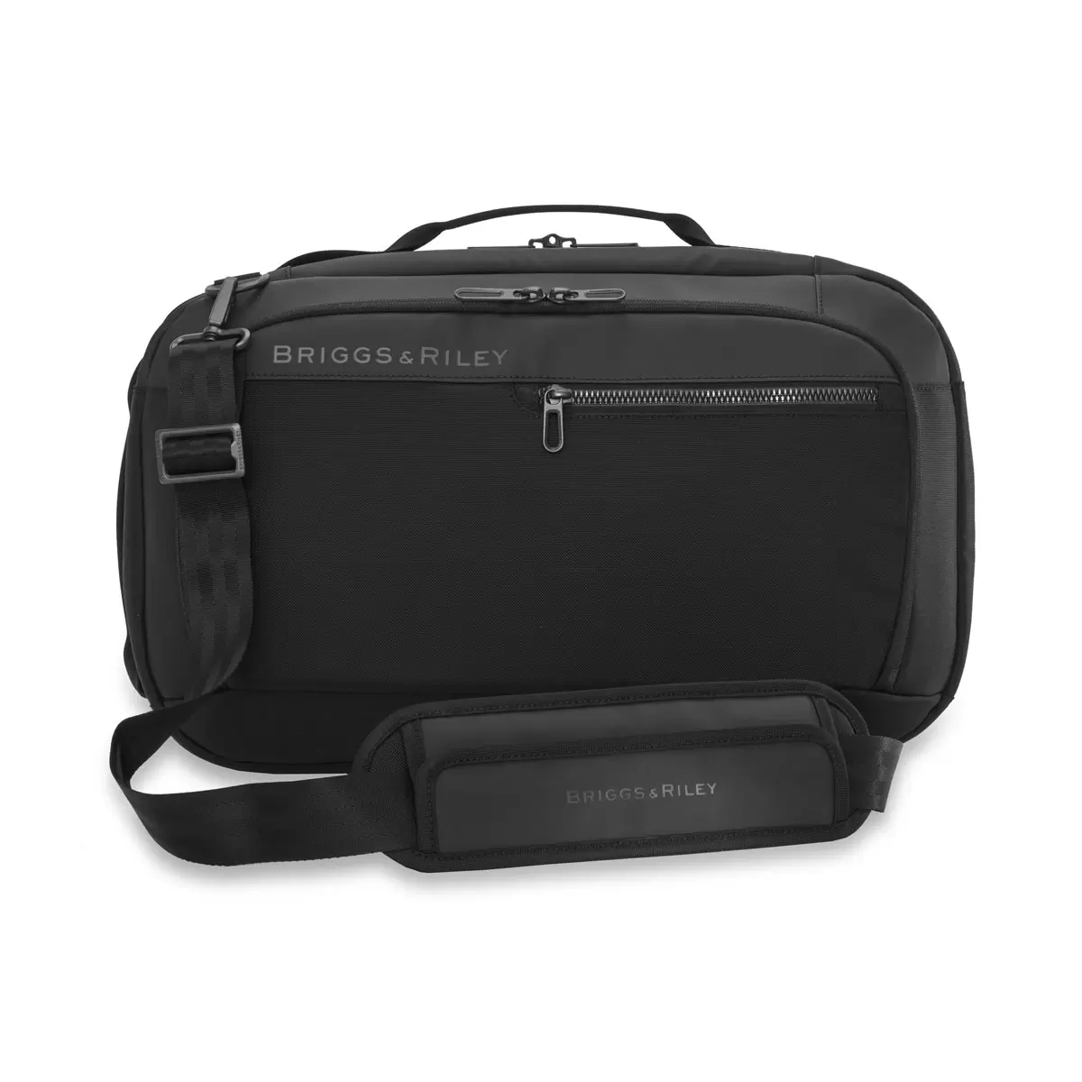 Black Briggs & Riley ZDX Convertible Backpack Duffle showing hide-away backpack straps and top side grab handles against a neutral background.