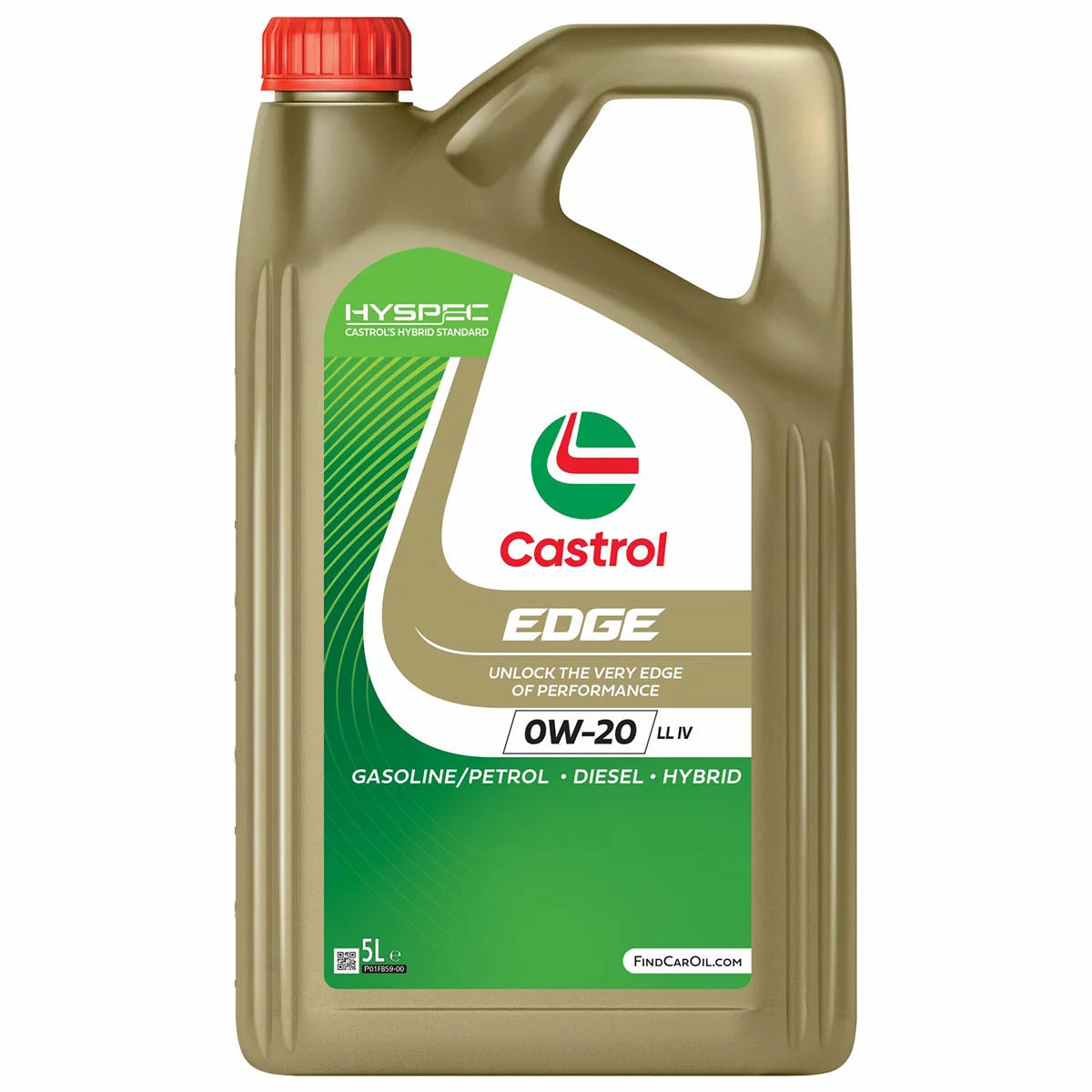 Front view of the 5L green bottle of Castrol EDGE 0W-20 LL IV fully synthetic engine oil showing specification labels.