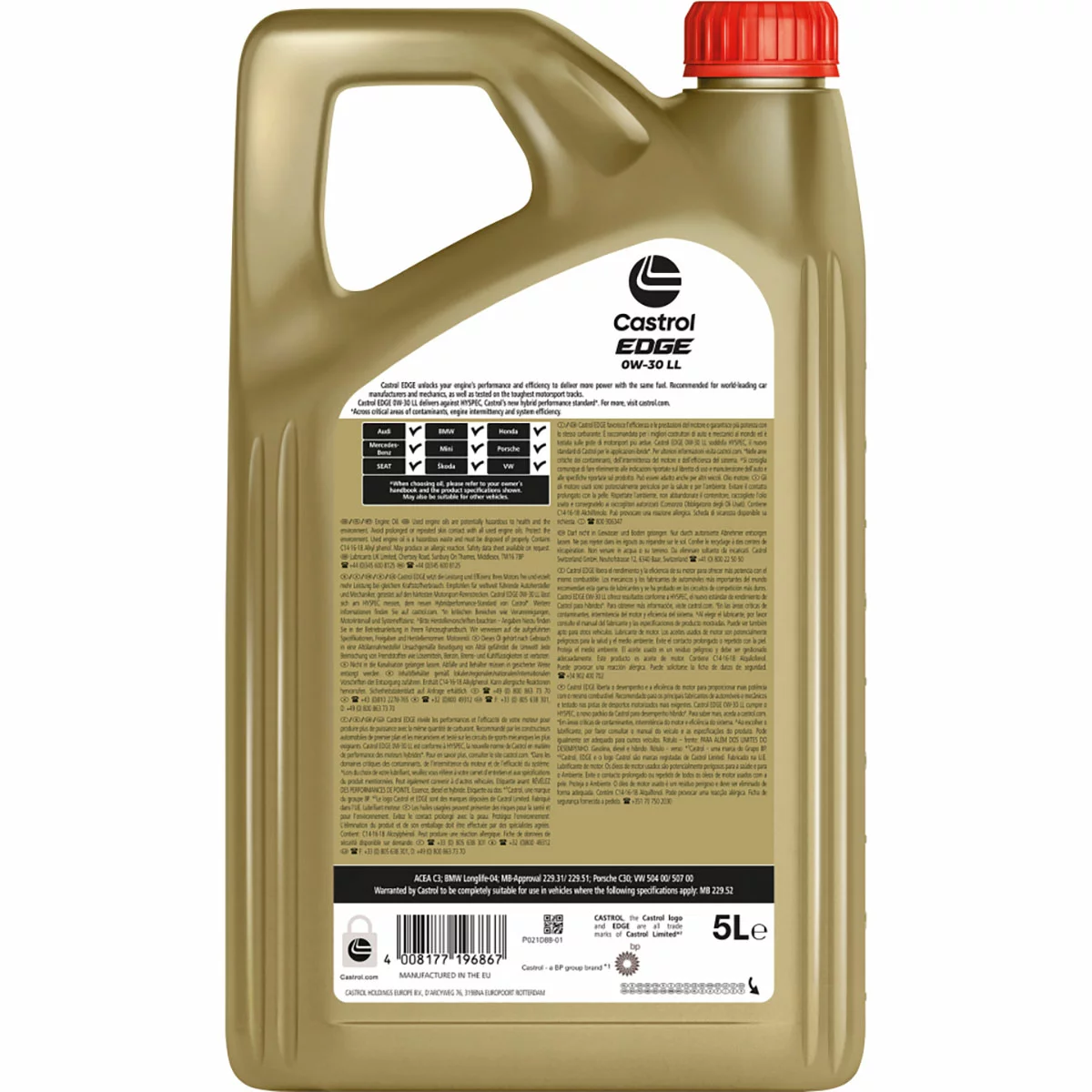 Front angle shot of a 5L green container of Castrol EDGE 0W-30 LL fully synthetic engine oil with gold label highlighting ACEA C3 specifications.