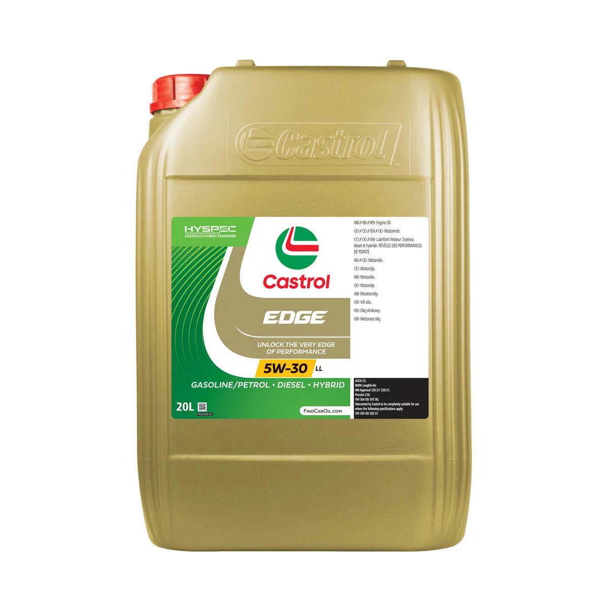 Front view of Castrol Edge 20L synthetic oil canister with engine compatibility specifications.