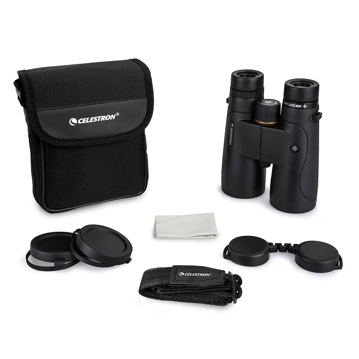Matte black Celestron Nature DX 12x50mm binoculars resting on a damp wooden bench in a misty forest setting, showcasing the rugged rubber armoring and large objective lenses.