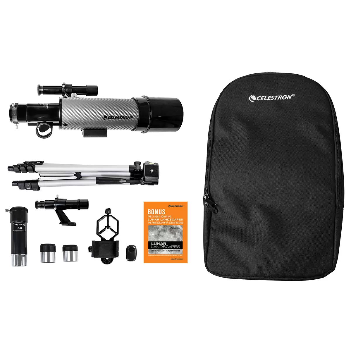 Side view of the compact black and silver Celestron Travel Scope 60DX telescope mounted on its aluminum tripod, with its custom padded travel backpack sitting open alongside it.