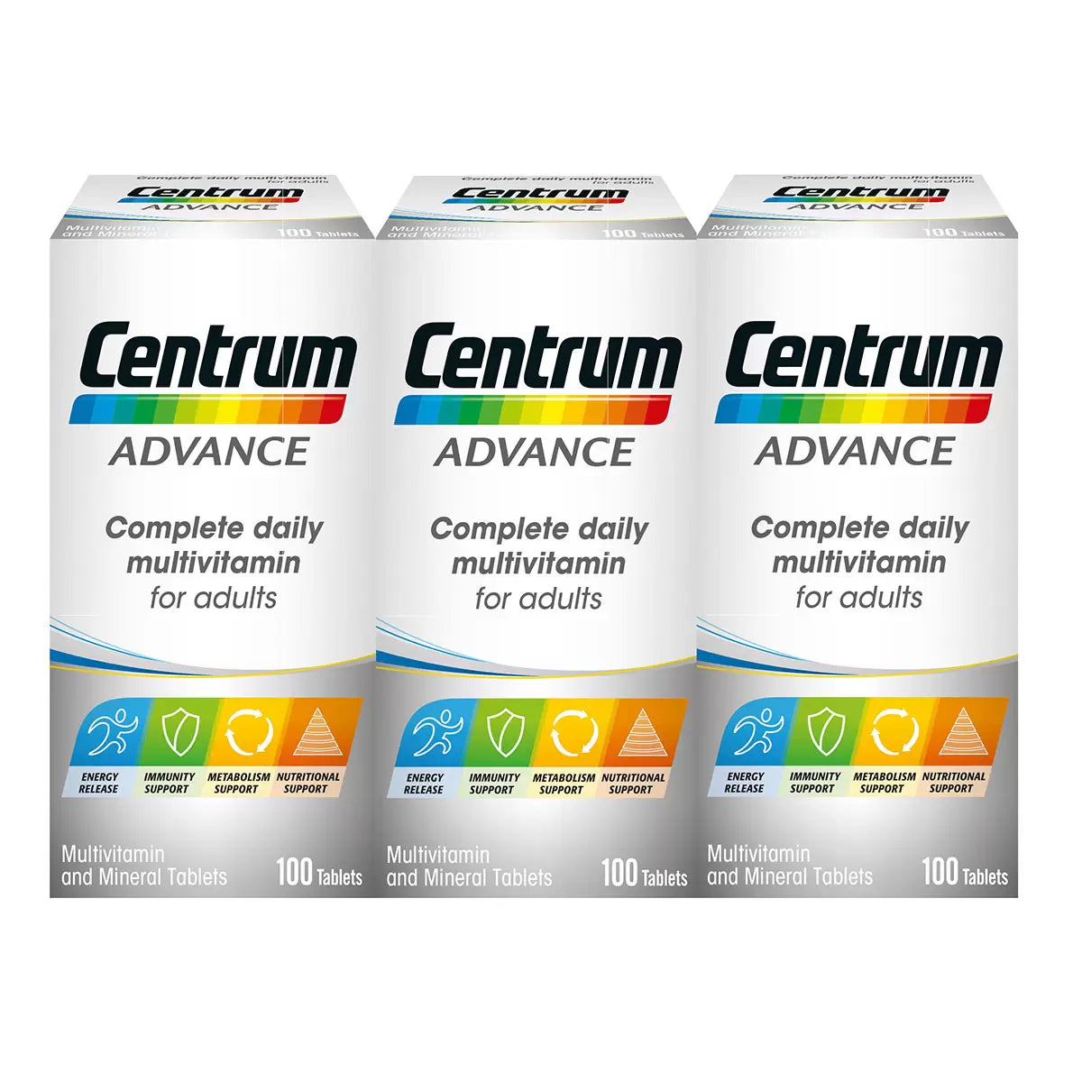 Centrum Advanced Vitamins 3 x 100 Count multivitamin supplement for immune support, energy metabolism, and daily nutritional wellness.