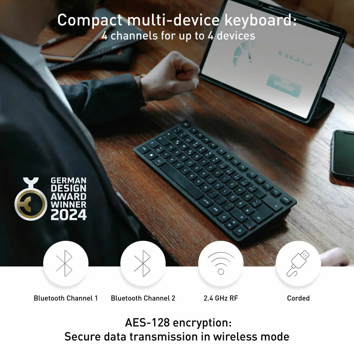 Cherry KW 9200 Mini wireless keyboard with protective pouch, compact travel-friendly design, and Bluetooth connectivity. - 3
