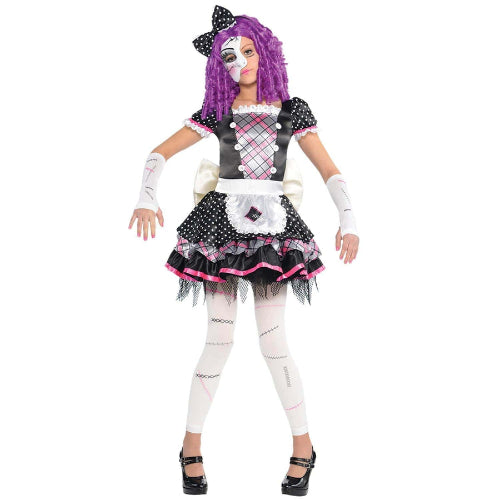 Front view of the Child Damaged Doll Zombie Costume showing the distressed apron dress, tulle skirt, and stitched arm warmers against a plain background.