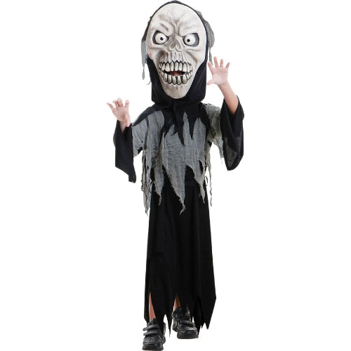 Front view of a child wearing the Fright Ghoul costume featuring an oversized pale ghoul head mask and a tattered black robe.