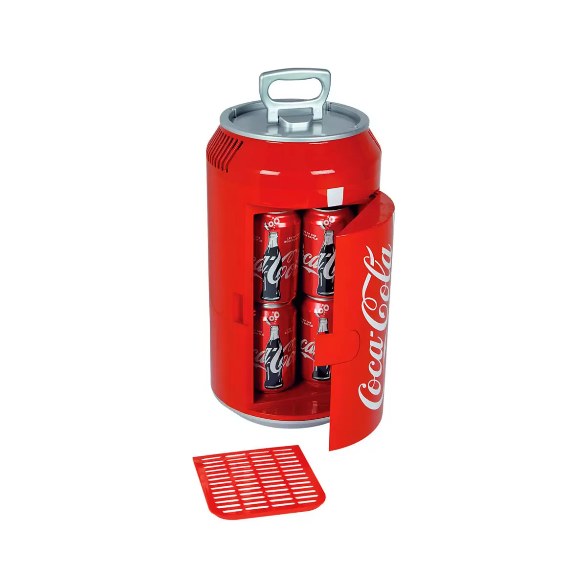 Front view of the vibrant red Coca-Cola can-shaped mini fridge with silver pull-tab handle, standing on a white minimalist office desk next to a laptop.