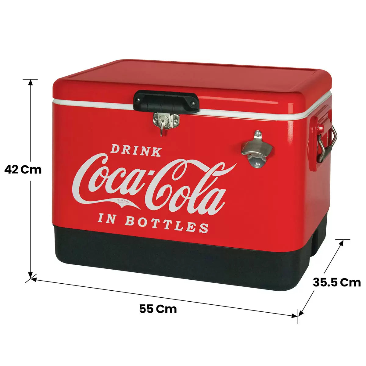Red vintage style Coca-Cola 51L stainless steel ice chest cooler with built-in bottle opener standing on a rustic wooden patio table during an outdoor gathering.
