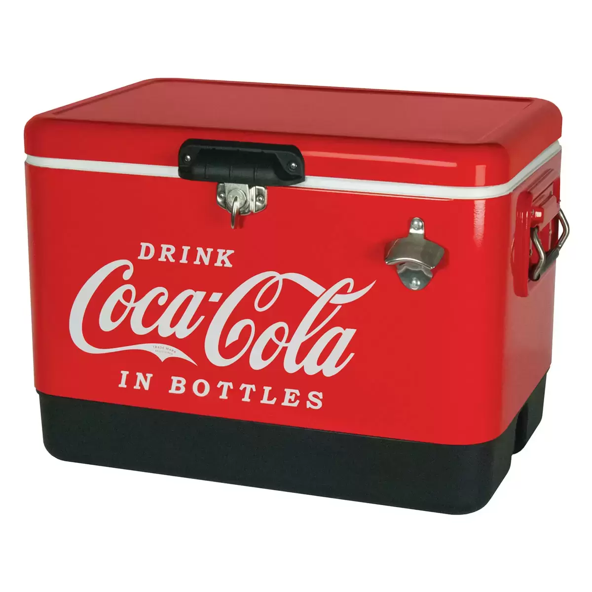 Vibrant red metallic 51L Coca-Cola stainless steel ice chest and matching 13L retro cooler sitting side-by-side on a sunlit patio deck during a summer barbecue.
