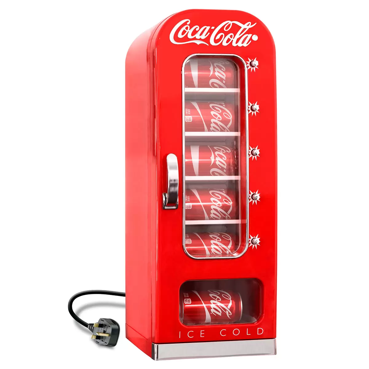 Front view of the vibrant red Coca Cola 5L mini fridge vending machine featuring a clear vertical display window full of cans, polished chrome accents, and retro artwork on a wooden desk.