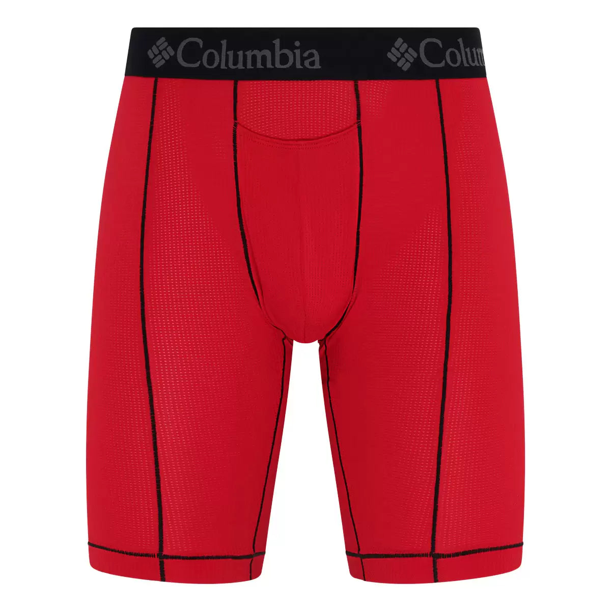 Front view of Columbia Men's Black Boxer Briefs 4-pack arranged neatly, showing smooth stretch-polyester texture and white brand logo waistband.
