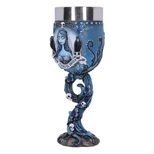 Close-up of the hand-painted Corpse Bride Emily resin goblet showing blue butterflies and skull root stem on a dark wooden table.