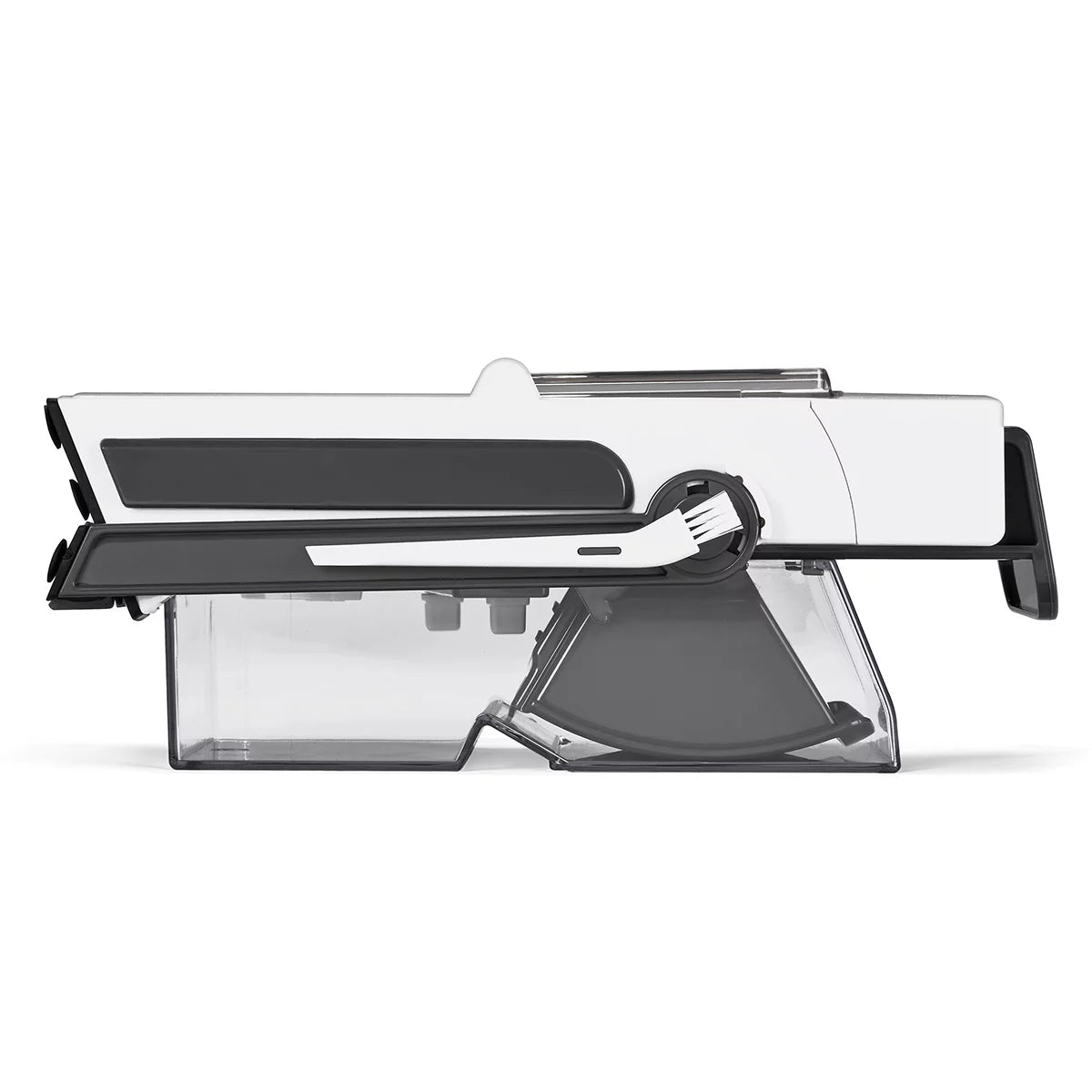 The Cuisinart PrecisionSlice Upright Mandoline standing on a counter, showcasing its extra-wide feed tube, control knob, and attached clear collection container.