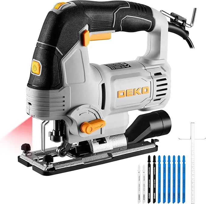 DEKOPRO 800W electric jigsaw with laser guide, orbital settings, and assorted cutting blades on a workshop table.