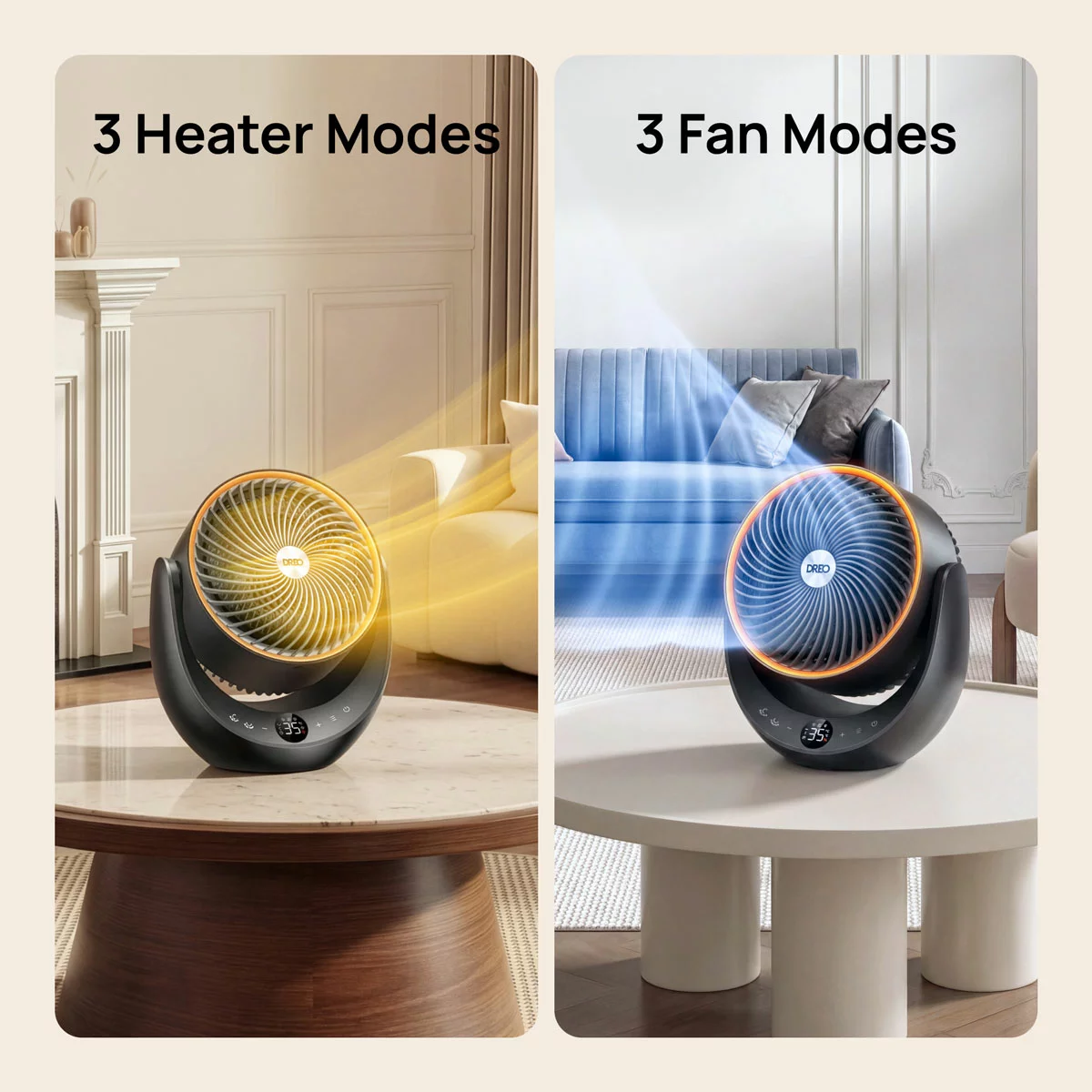 Compact black and silver DREO DR-HSH015 ceramic heater and fan sitting on a light oak desk with its digital display panel illuminated.