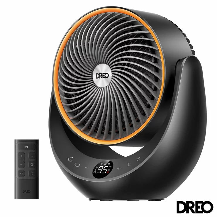 DREO 2000W ceramic whole room heater and cooling fan in a sleek black tower design.